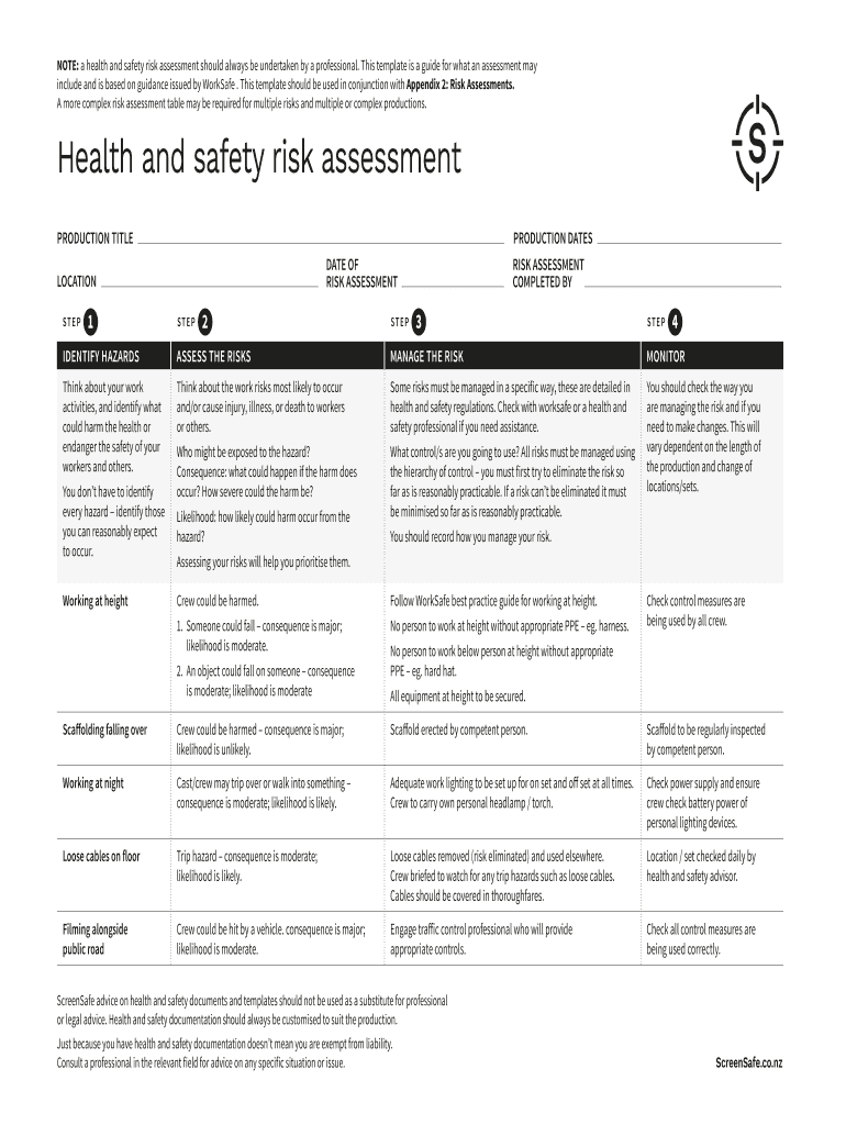 Fillable Online NOTE a health and safety risk assessment should always
