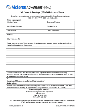 Fillable Online McLaren Advantage (HMO) Grievance Form Fax Email Print