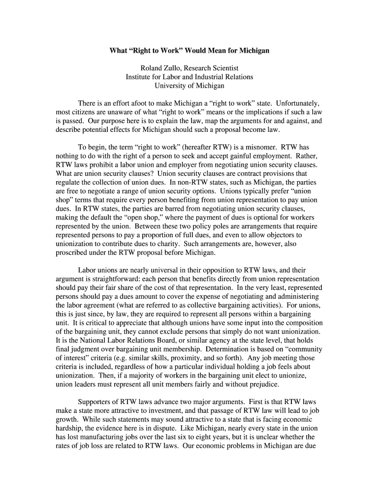 Fillable Online What Right to Work Would Mean for Michigan Roland Zullo