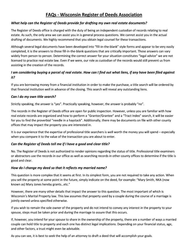 Fillable Online FAQs Wisconsin Register of Deeds Association Fax