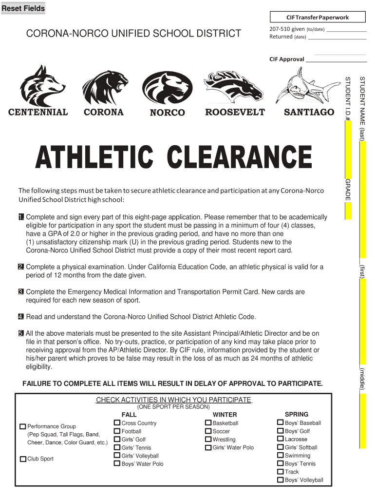 Fillable Online ATHLETIC CLEARANCE Fax Email Print pdfFiller