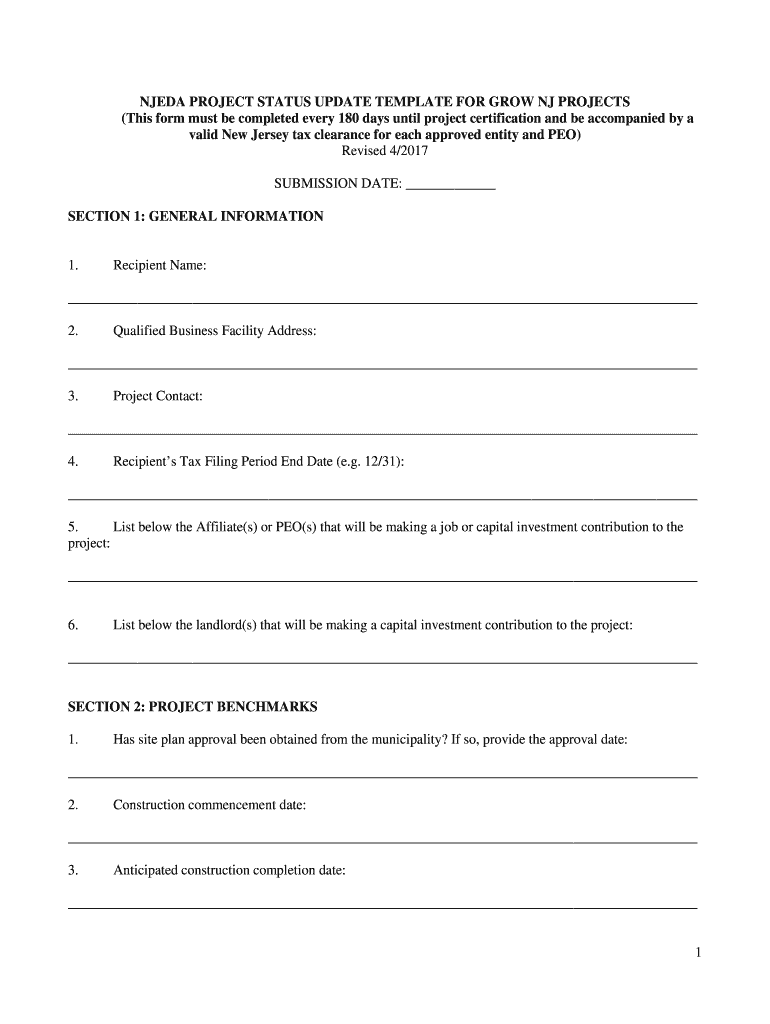 Fillable Online NJEDA PROJECT STATUS UPDATE TEMPLATE FOR GROW NJ