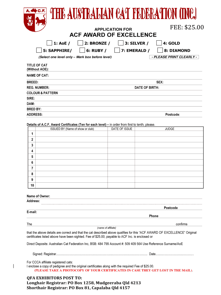 Fillable Online ACF AWARD OF EXCELLENCE Fax Email Print pdfFiller