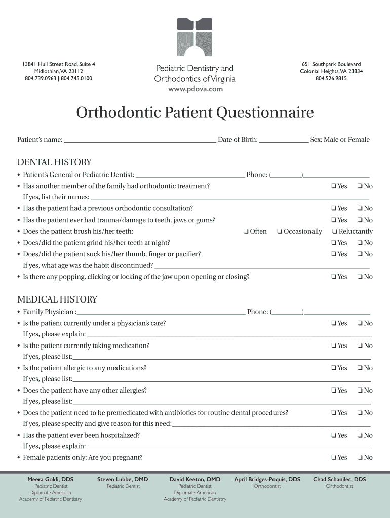 Fillable Online Orthodontic Patient Questionnaire Fax Email Print