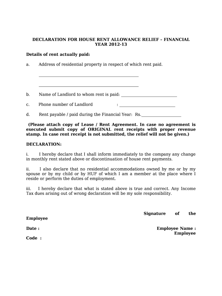 DECLARATION FOR HOUSE RENT ALLOWANCE RELIEF FINANCIAL YEAR 201213 Doc