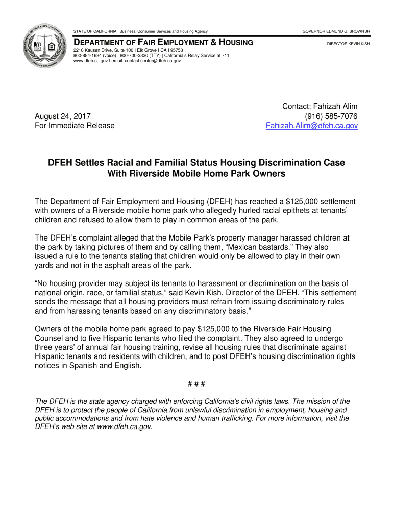 Fillable Online DFEH Settles Racial and Familial Status Housing