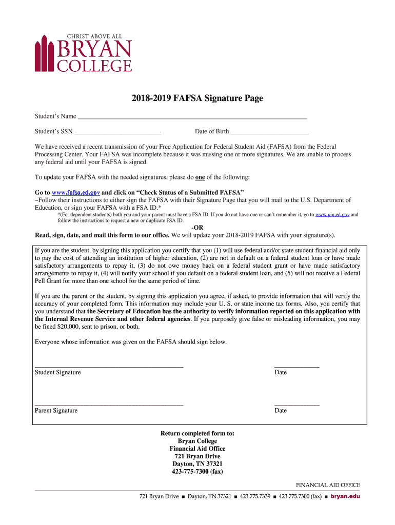 Fillable Online 2018-2019 FAFSA Signature Page Fax Email Print - pdfFiller