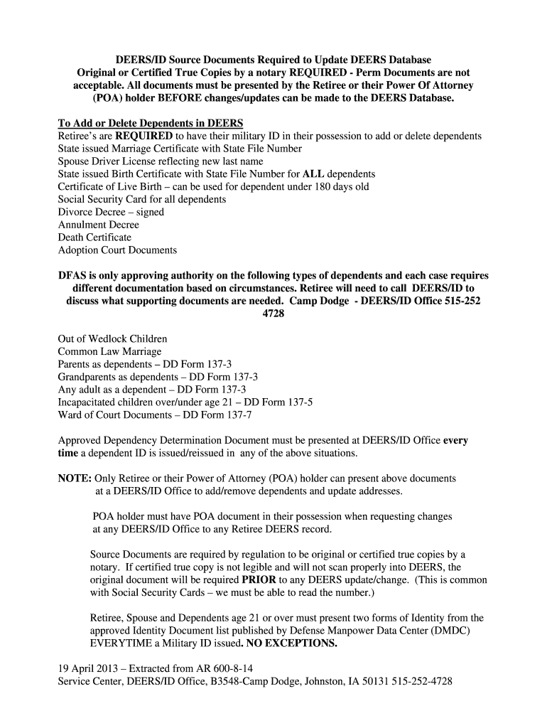 Fillable Online DEERS/ID Source Documents Required to Update DEERS