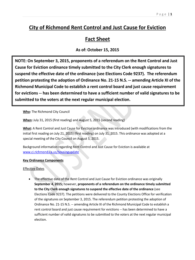 Fillable Online City of Richmond Rent Control and Just Cause for
