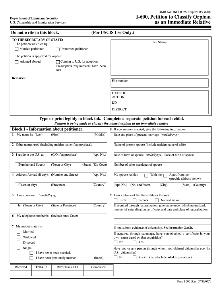 Fillable Online I600, Petition to Classify Orphan Type or print