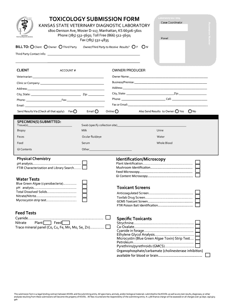 Fillable Online ksvdl Toxicology Submission Form Kansas State Veterinary Diagnostic Fax