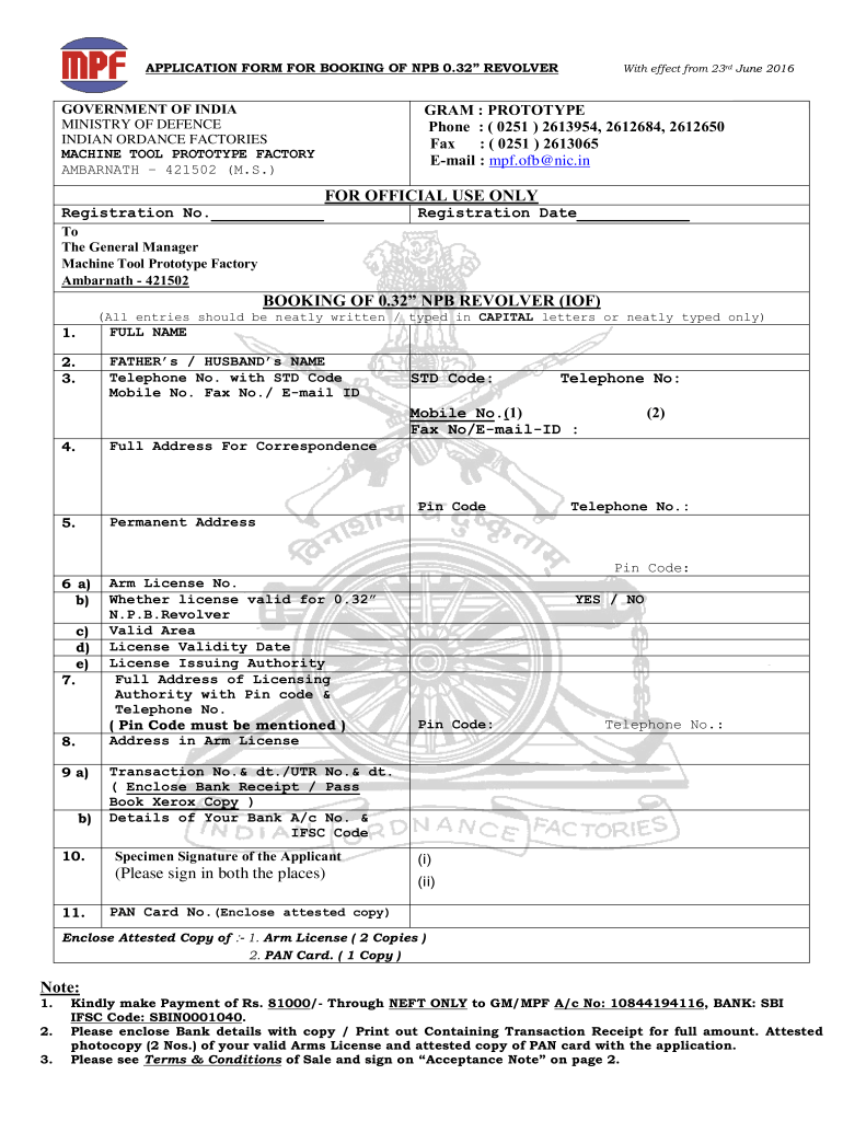 IN MPF Application Form for Booking of NPB 0.32 Revolver 20162021 Fill and Sign Printable