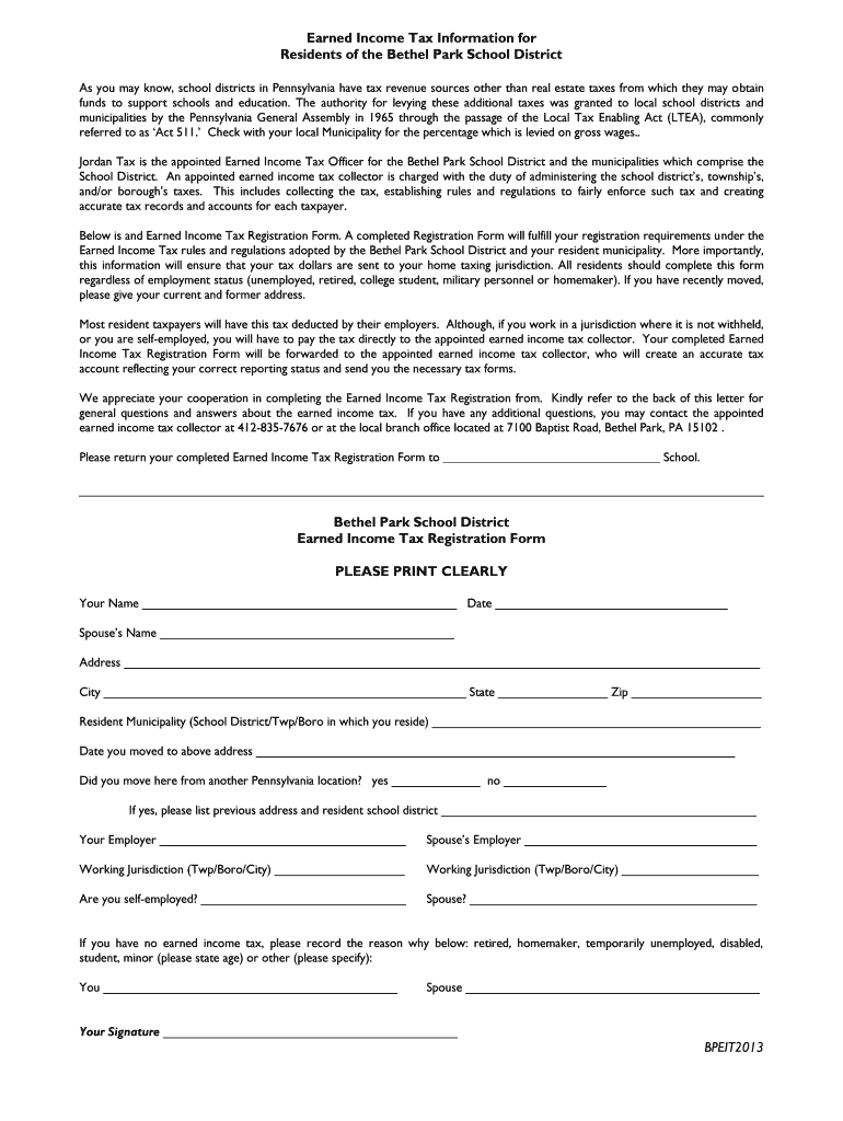 Fillable Online bpsd Earned Tax Registration Form Bethel Park