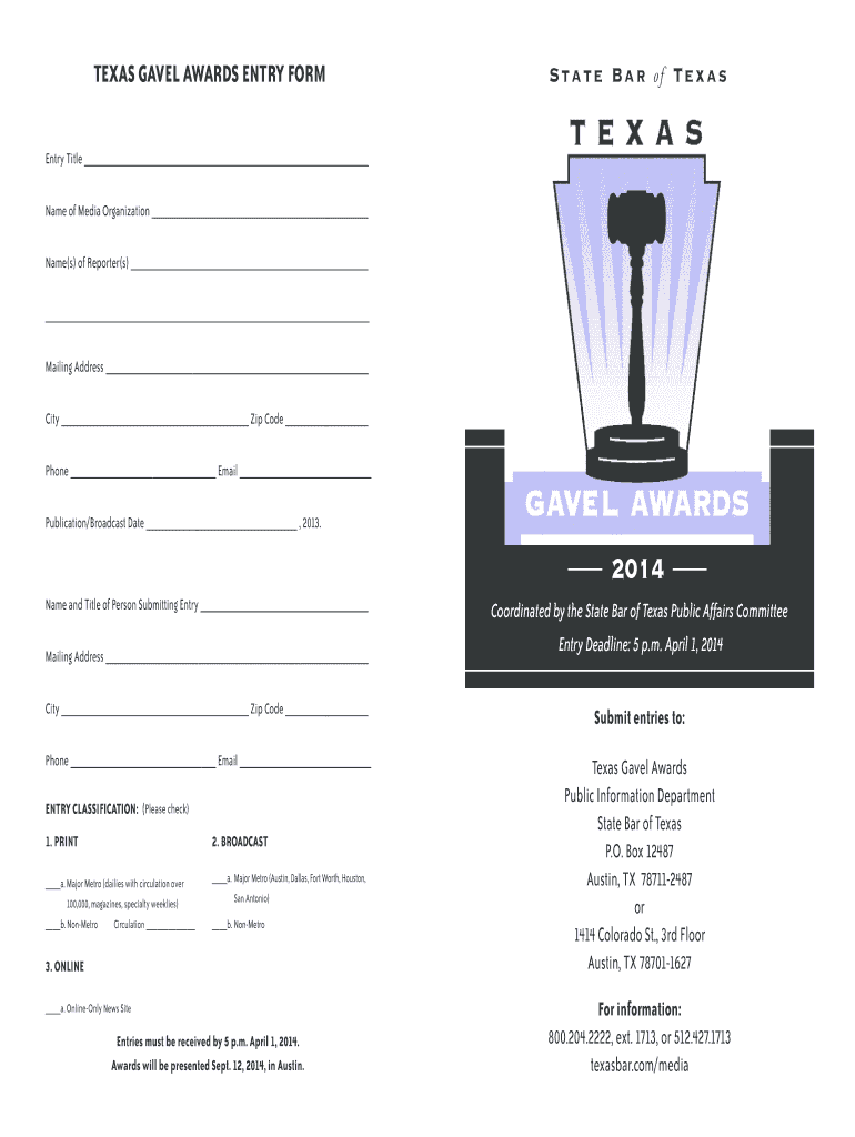 Fillable Online TEXAS GAVEL AWARDS ENTRY FORM State Bar of Texas Fax