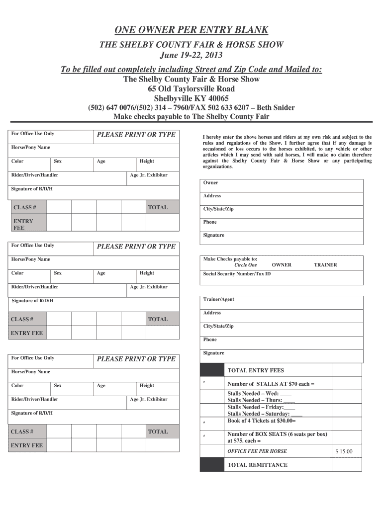 Fillable Online SCF Entry Blank 2013.pdf Shelby County Fairgrounds