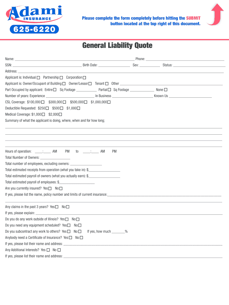 Fillable Online General Liability Form Adami Insurance Fax Email Print pdfFiller