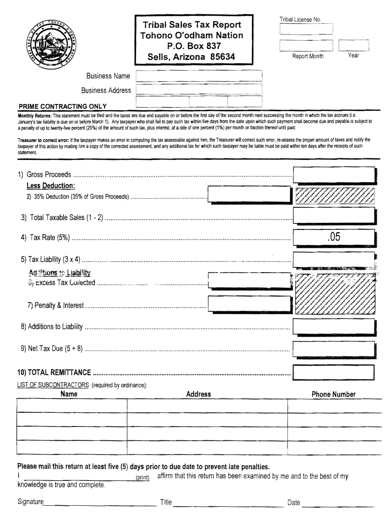 Tohono O'odham Nation Tribal Sales Tax Report Fill out Tax Template