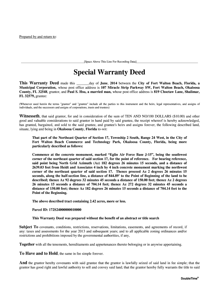 Fillable Online This Warranty Deed made this day of June, 2014 between the City of Fort Walton