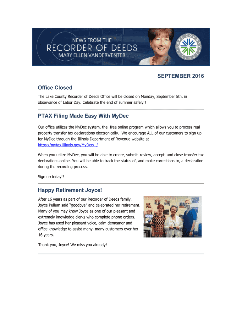 Fillable Online The Lake County Recorder of Deeds Office will be closed