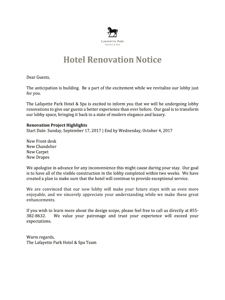 Fillable Online Hotel Renovation Notice Fax Email Print pdfFiller