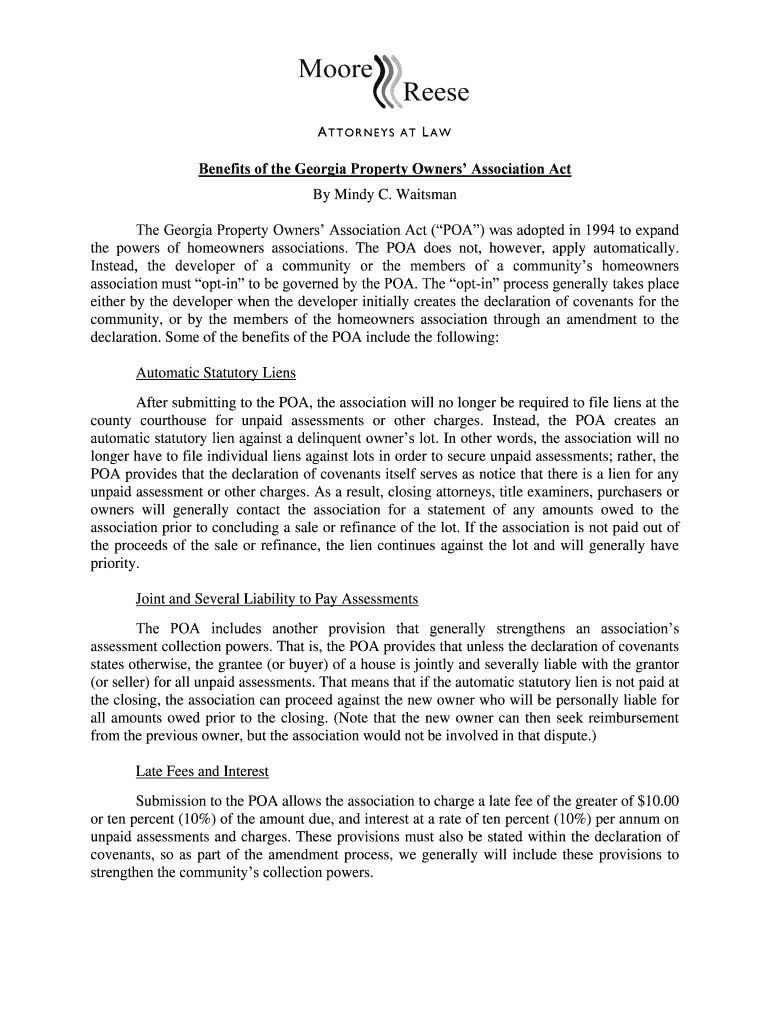 Fillable Online Benefits of the Property Owners Association Act