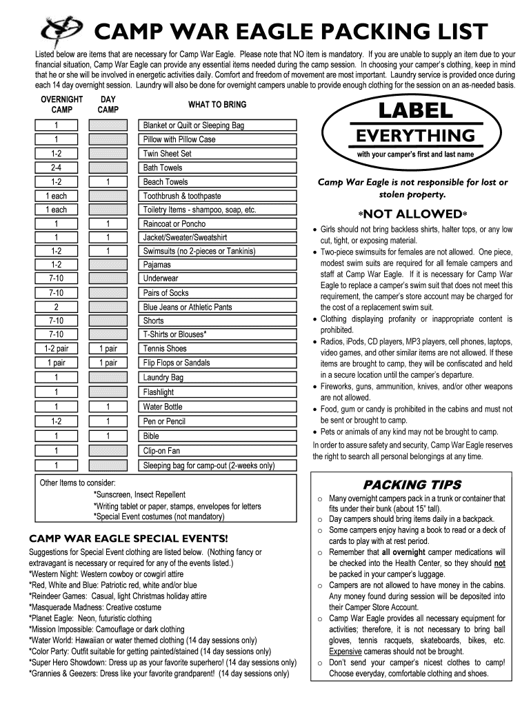 Fillable Online CAMP WAR EAGLE PACKING LIST Fax Email Print pdfFiller