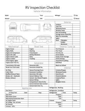 RV Inspection Checklist - Blank Fillable Template | Fill Out, Print