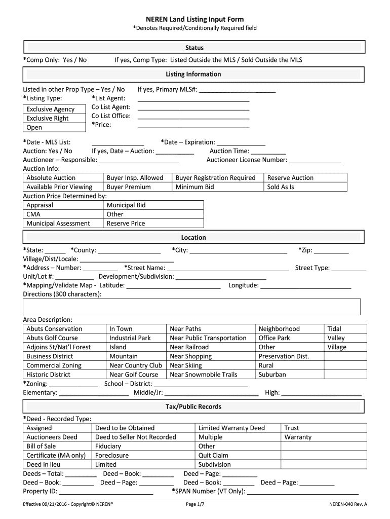 Fillable Online NEREN Land Listing Input Form Fax Email Print pdfFiller
