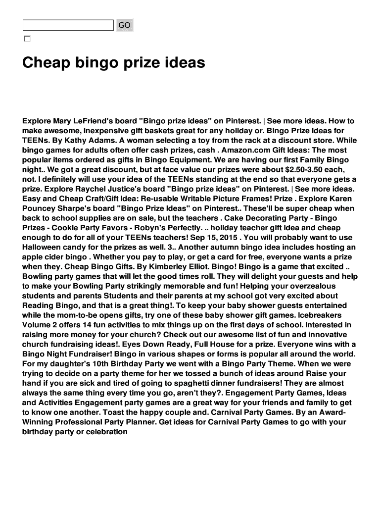 Fillable Online Cheap bingo prize ideas Fax Email Print pdfFiller