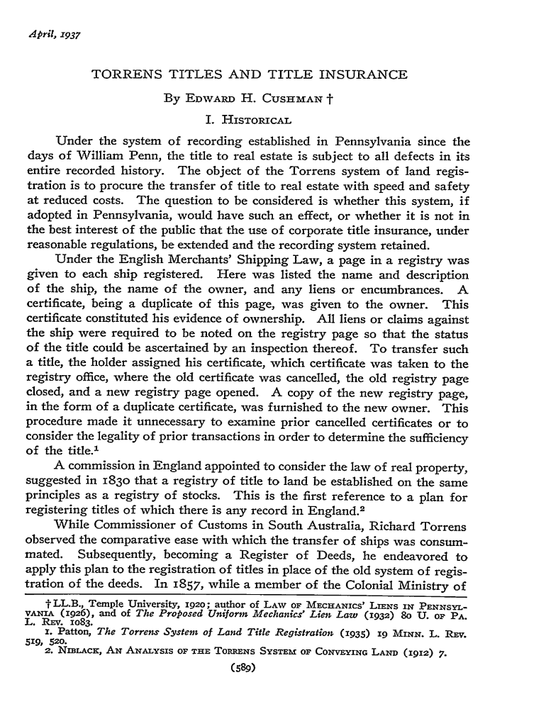 Fillable Online TORRENS TITLES AND TITLE INSURANCE Fax Email Print