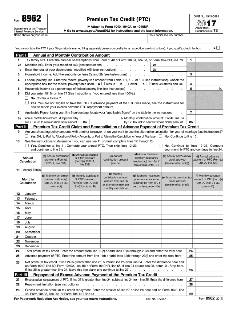 IRS 8962 2017 Fill out Tax Template Online US Legal Forms