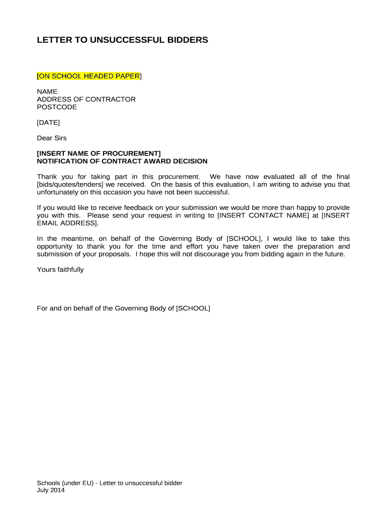 LETTER TO UNSUCCESSFUL BIDDERS Fill Online, Printable, Fillable, Blank