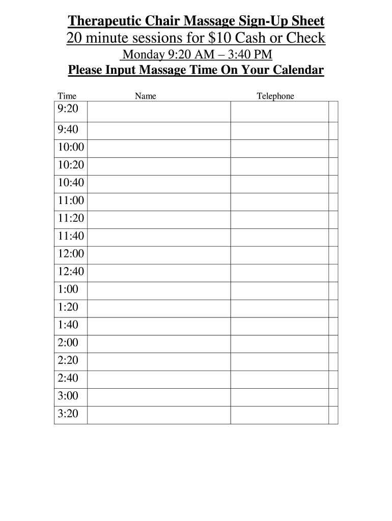 Fillable Online Therapeutic Chair Massage SignUp Sheet Fax Email Print