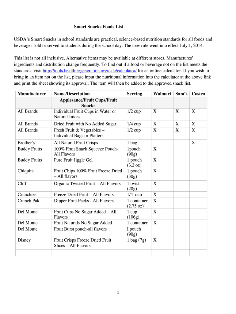 Fillable Online Smart Snacks Foods List Fax Email Print pdfFiller