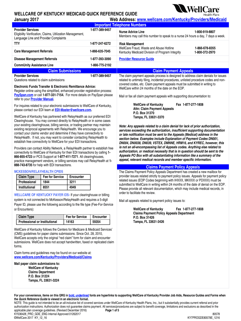 Fillable Online WELLCARE OF KENTUCKY MEDICAID QUICK REFERENCE GUIDE Fax