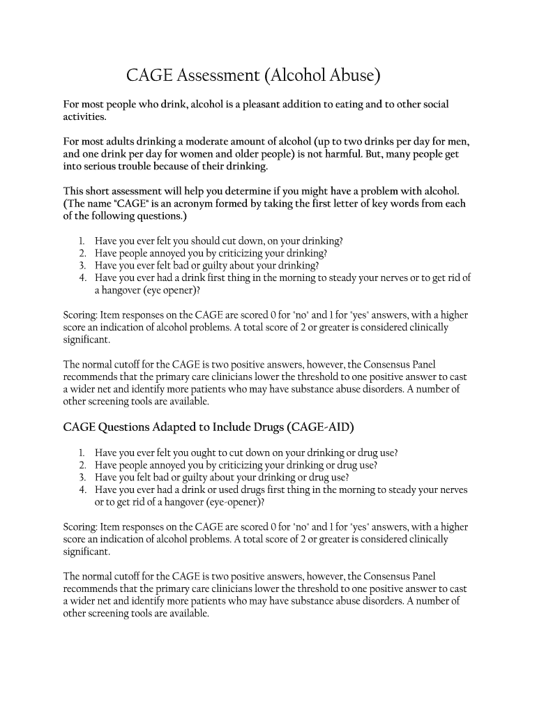Fillable Online CAGE Assessment (Alcohol Abuse) Fax Email Print pdfFiller