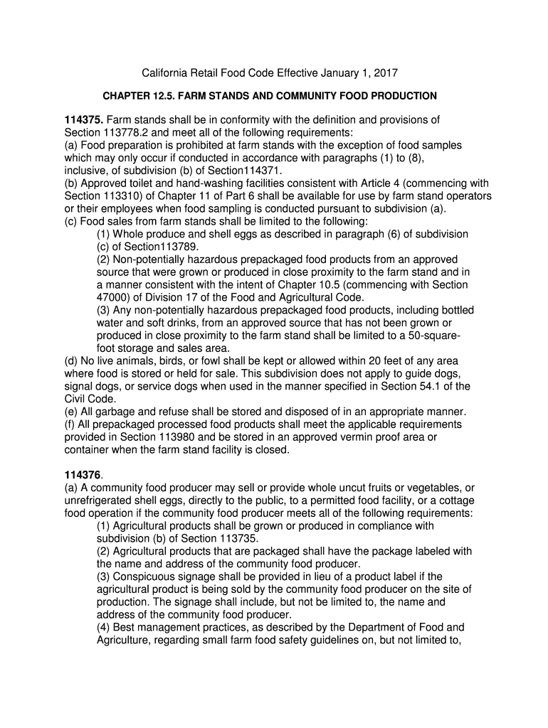 Fillable Online California Retail Food Code Effective January 1, 2017
