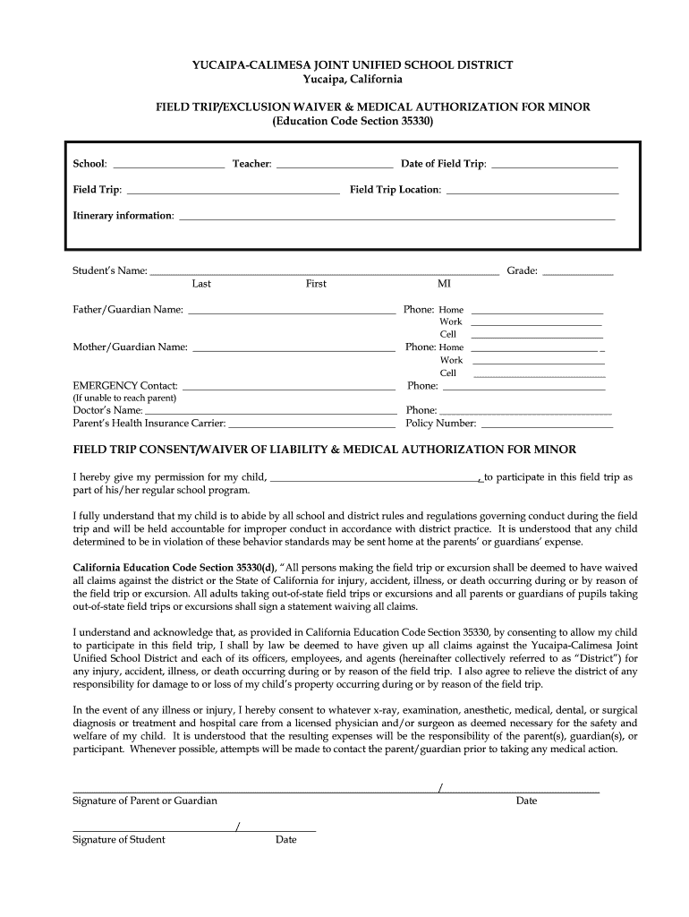 Fillable Online ycjusd chapman schoolfusion 9152.Medical Release Form Trip Permit Form.9.10