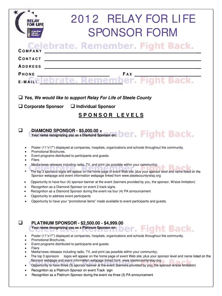 Fillable Online relay acsevents SPONSOR FORM 201 2 RELAY FOR LIFE Fax
