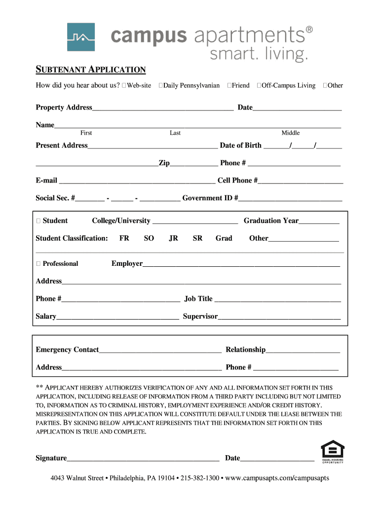 Fillable Online UBTENANT APPLICATION Campus Apartments Fax Email