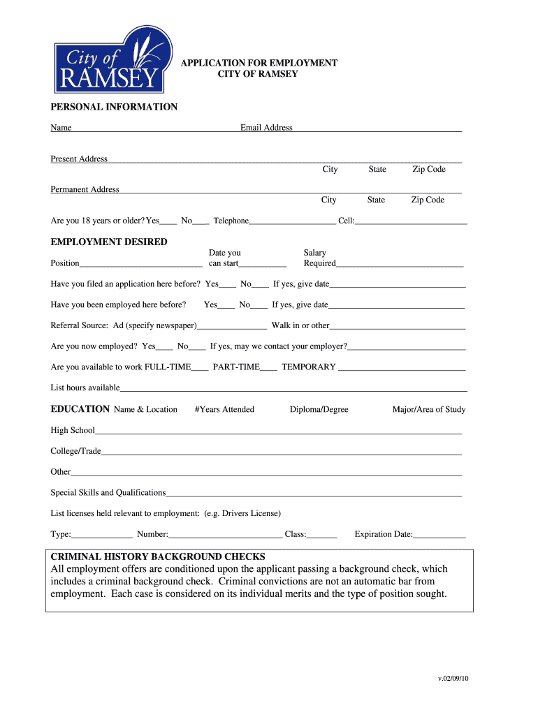 Fillable Online City of Ramsey Employment Opportunity Fax Email Print