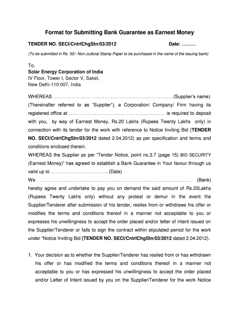 Fillable Online Format for Submitting Bank Guarantee as Earnest Money