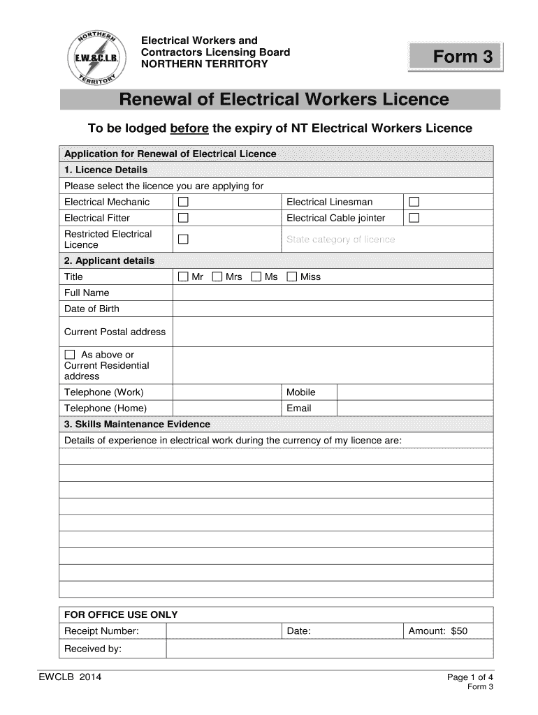 Fillable Online Renewal of Electrical Workers Licence Form 3