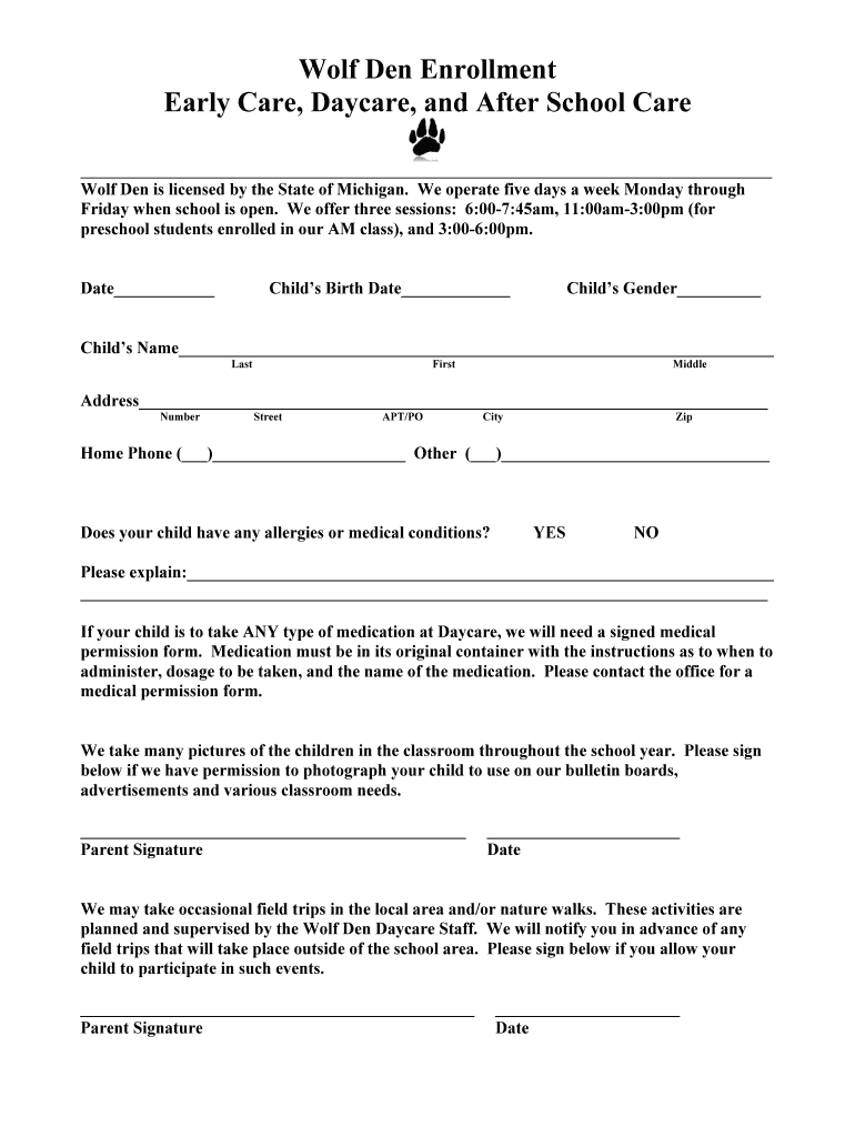 Fillable Online laingsburg k12 mi Daycare Enrollment Form Laingsburg