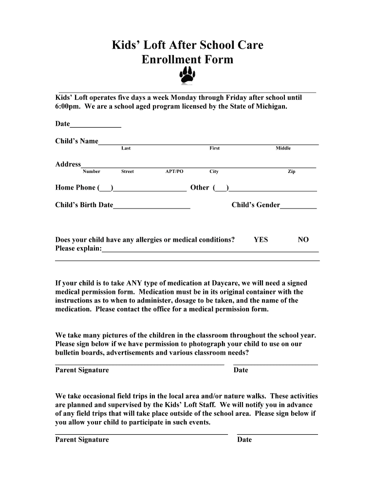 Fillable Online laingsburg k12 mi Kid's Loft Enrollment Form