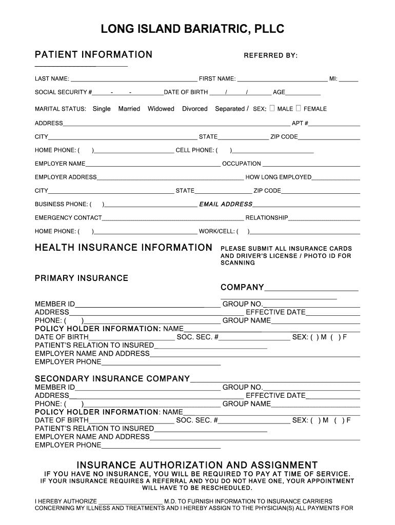 Fillable Online Patient Information Long Island Bariatric PLLC Fax