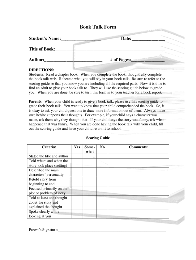 Fillable Online fhsdfe sharpschool Book Talk Form Fairmount