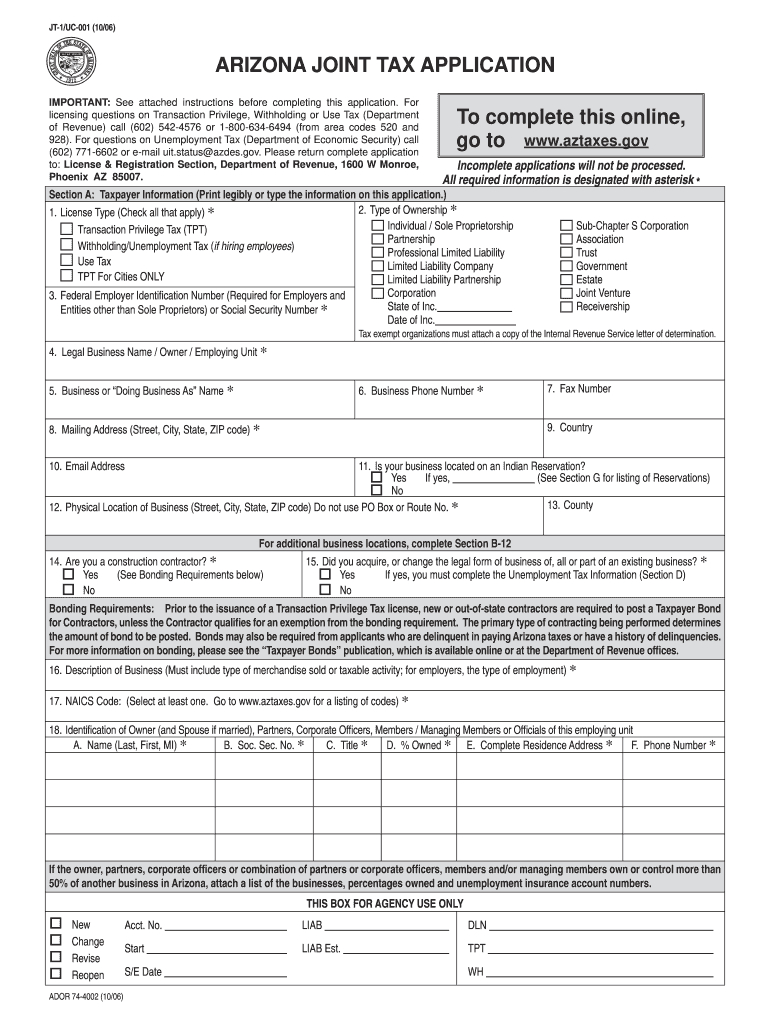 AZ DoR JT1/UC001 2006 Fill out Tax Template Online US Legal Forms