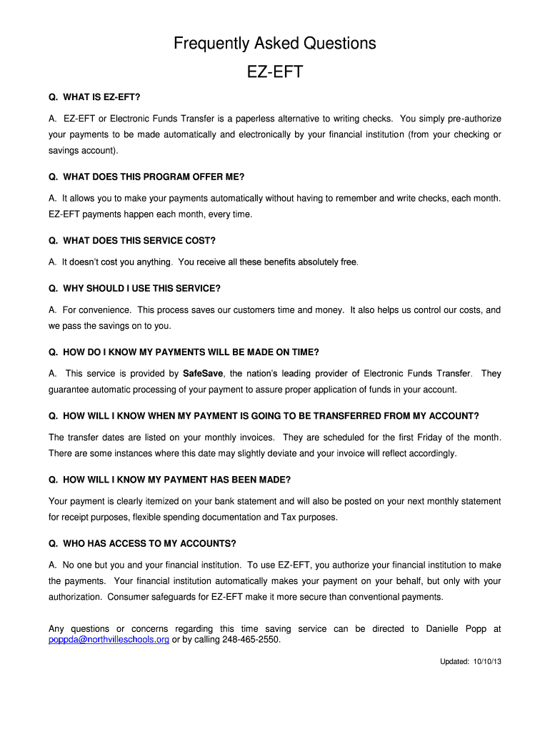 Fillable Online earlychildhood northvilleschools EZ EFT Sign Up Early