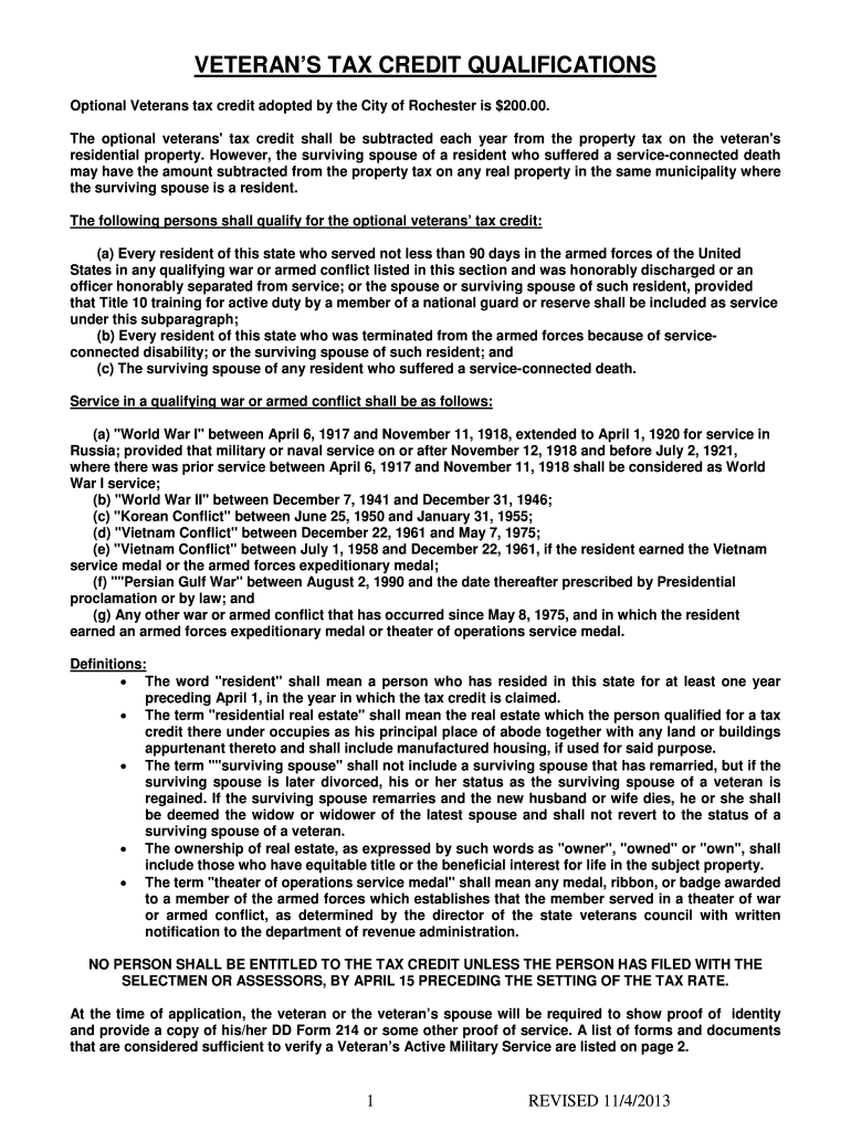 Fillable Online VETERANS TAX CREDIT QUALIFICATIONS Fax Email Print